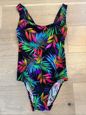 Longitude women’s One-Piece Swimsuit - Black with Neon Tropical Leaves